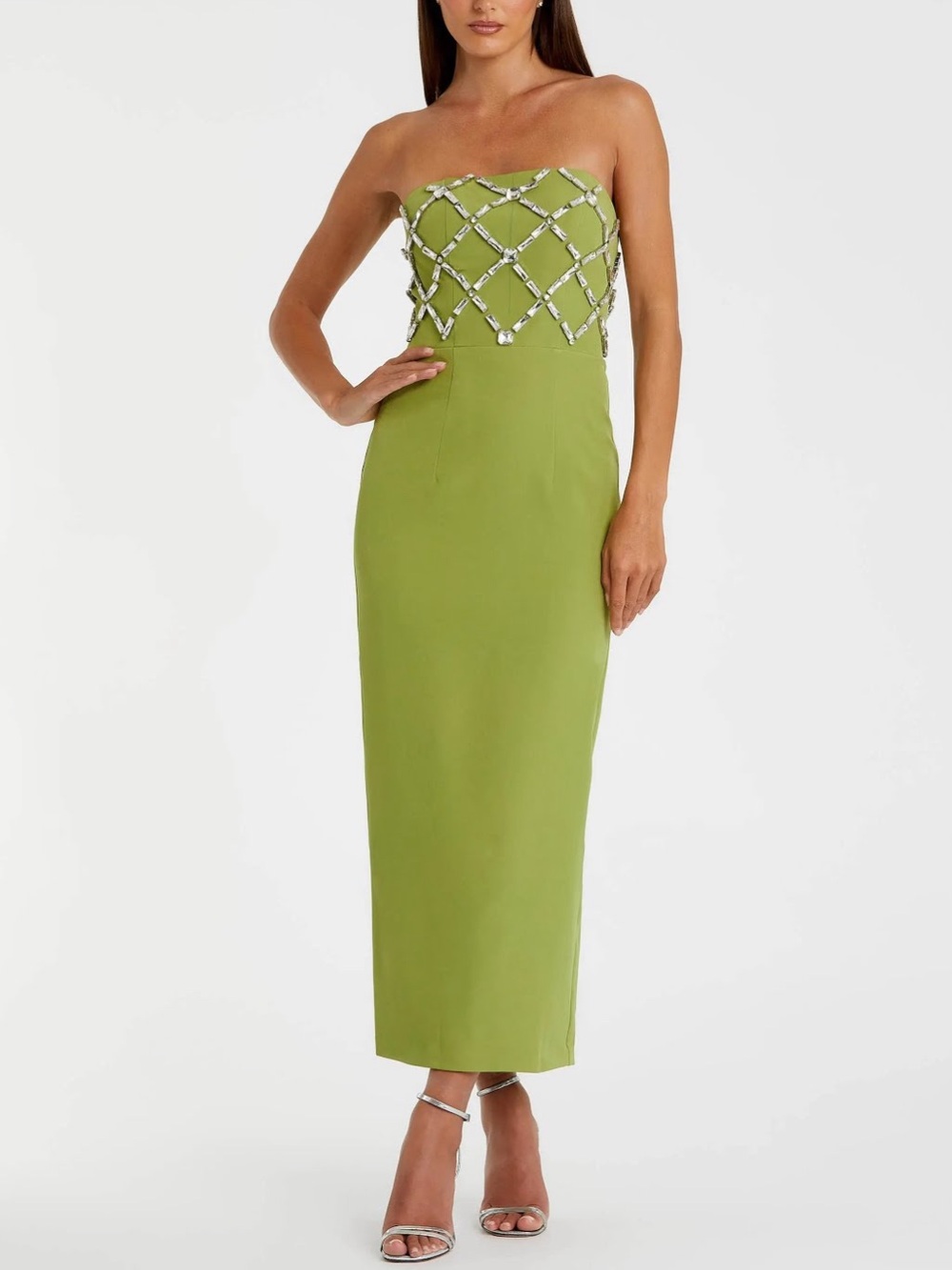 Ieena for Mac Duggal Green Strapless Crystal Embellished Midi Dress 21064 Size 8